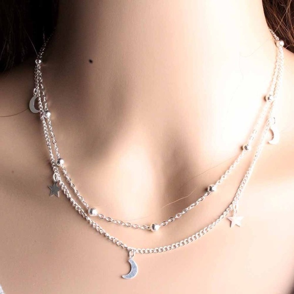 Jewelry - Silver Layered Moon & Stars Bib Choker Necklace